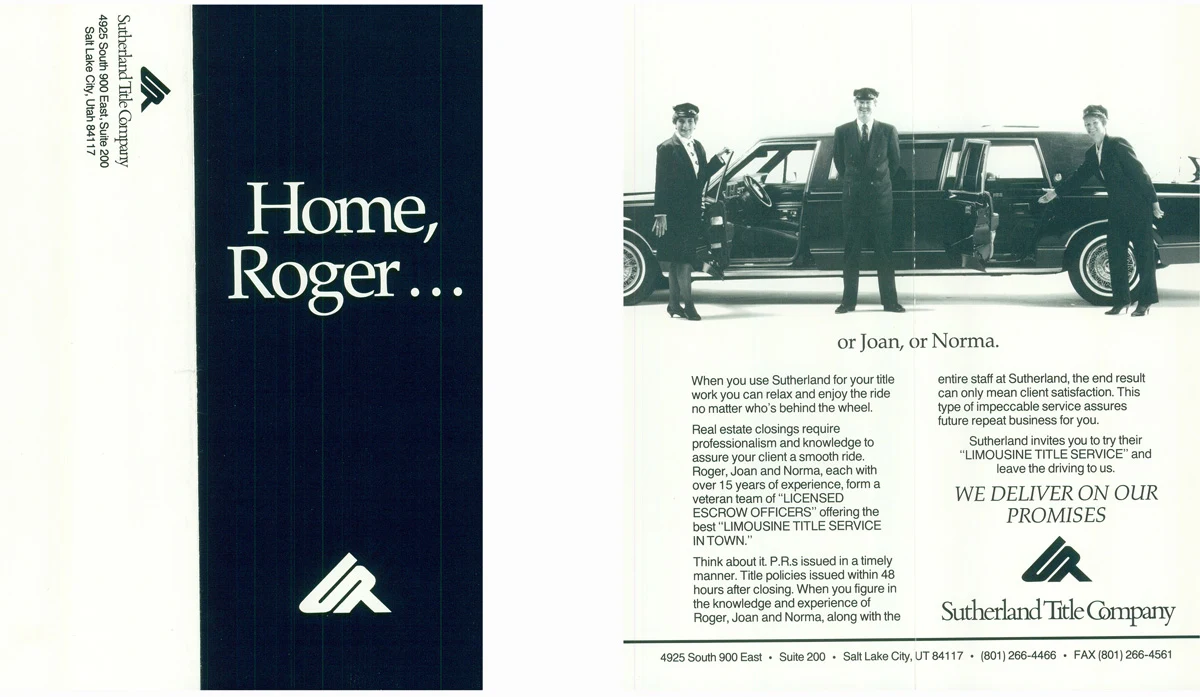 Black-and-white flyer showing three people beside a limousine.
