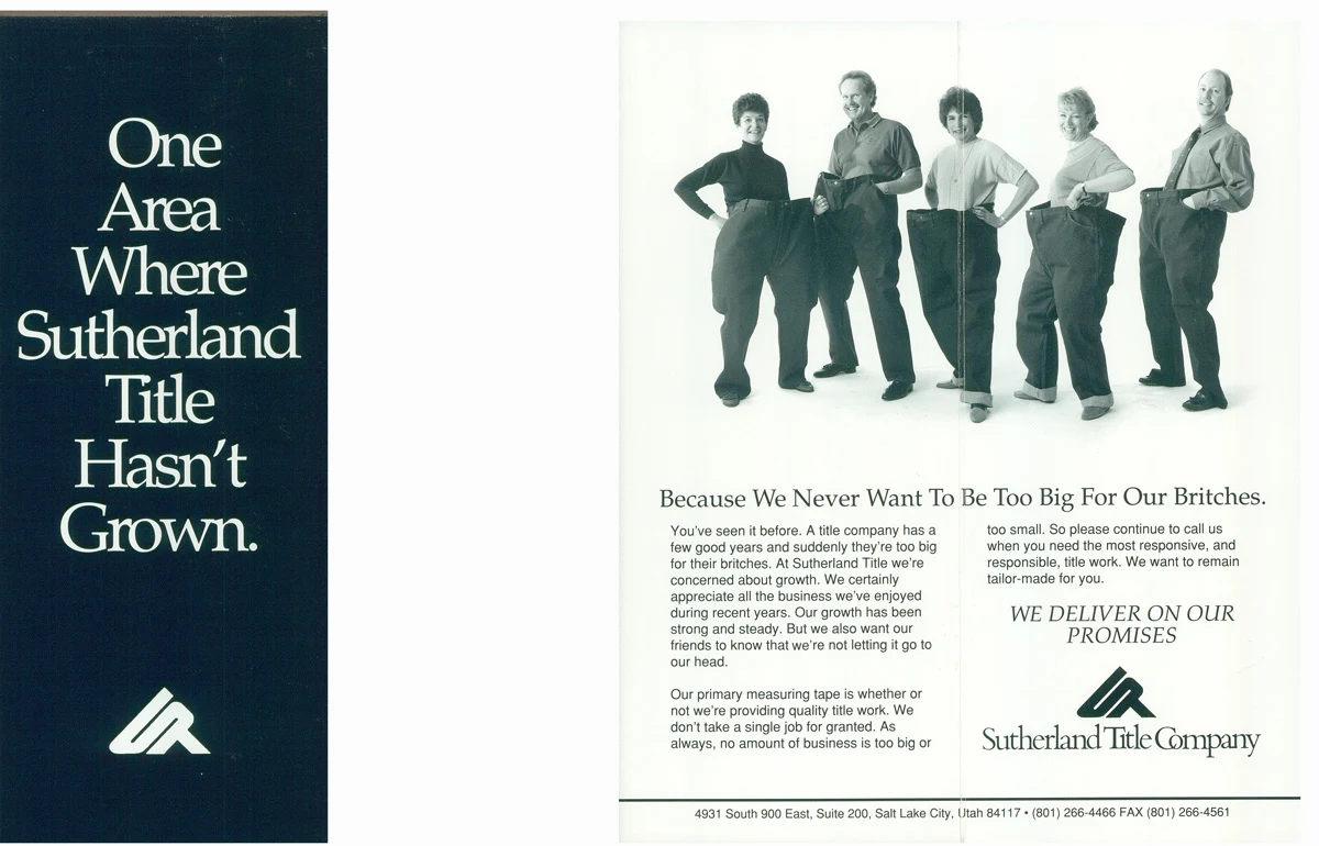 Black-and-white flyer showing five people holding out the waistbands of oversized trousers.
