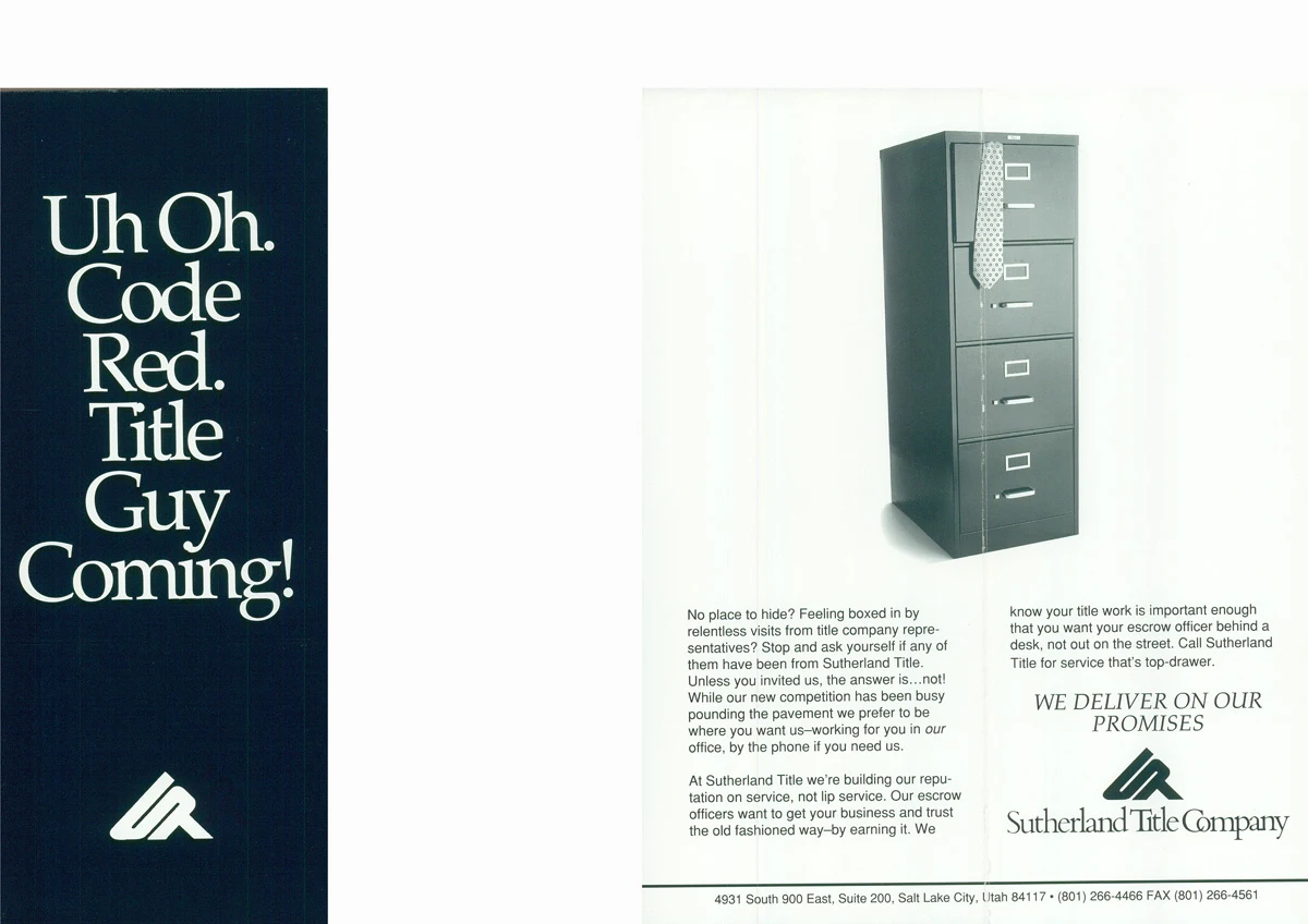 Black-and-white flyer showing a filing cabinet with a necktie hanging out of its top drawer.