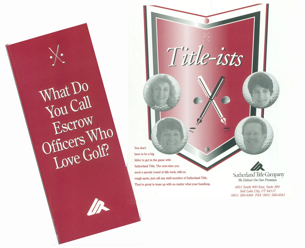 Red-and-white golf-themed flyer with four circular portraits, crossed golf clubs, and the word “Title-ists.”